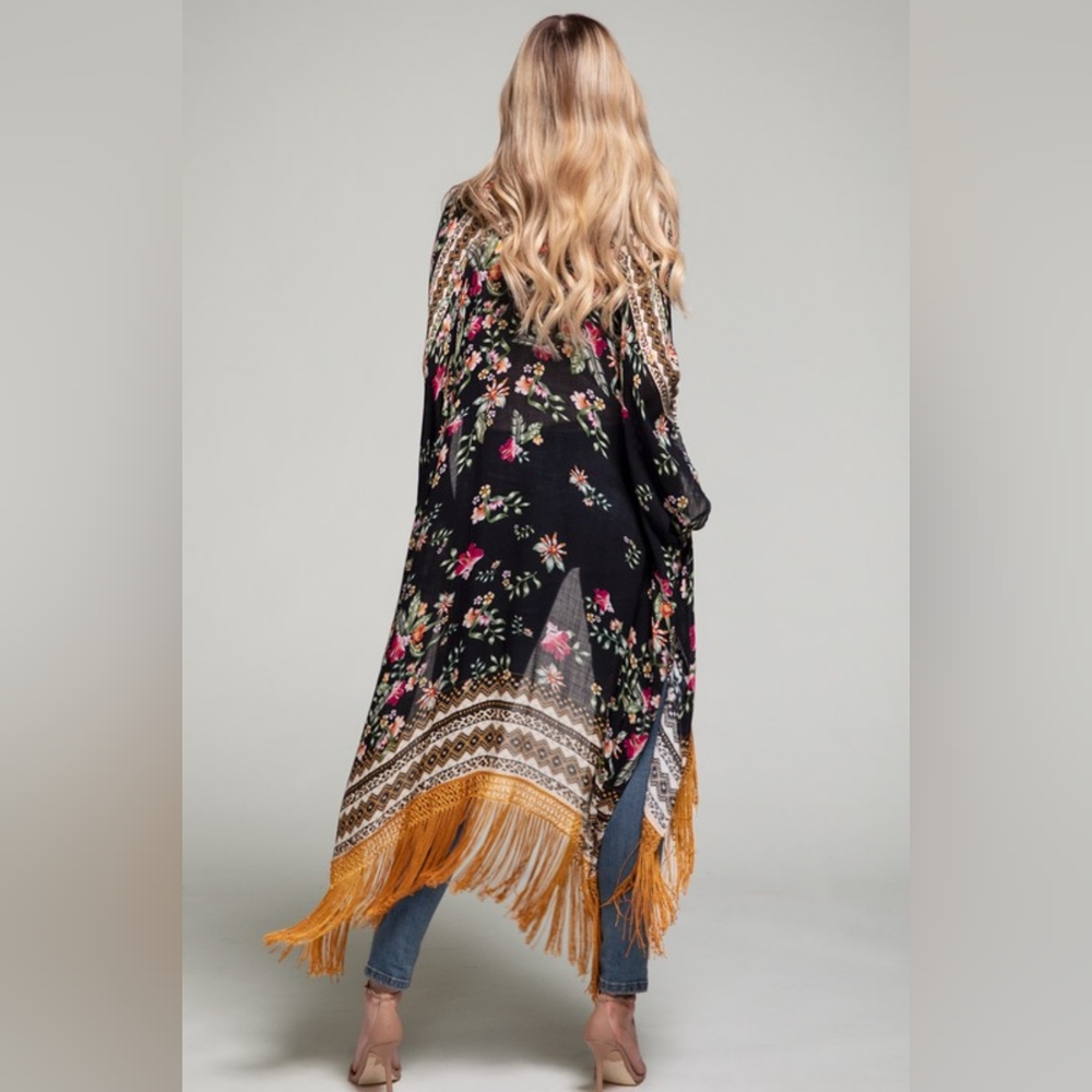 Bohemian Floral Print Kimono / Duster - Fine Golden Fringe Tassels - Side Slits - Picture 4 of 14